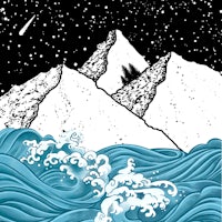 a black and white drawing of mountains and waves