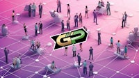 a group of people standing around a pink background with the word gp