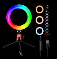 a colorful ring light with a tripod and other accessories