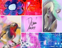 a collage of paintings with a bird, a horse, and a flower