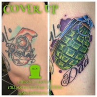 two tattoos of a grenade and a grenade