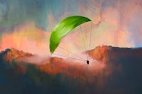 a painting of a green paraglider flying over a mountain
