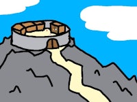 a cartoon drawing of a castle on top of a mountain