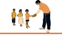 an illustration of a man handing money to a group of children