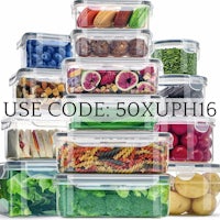 a stack of food containers with the words use code 50xph16