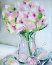a painting of pink flowers in a vase