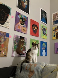 a cat sitting on a pillow in front of a wall full of paintings