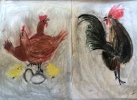 two drawings of roosters and chicks