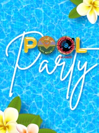 the word pool party is written on a blue background with flowers