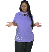 a woman wearing a purple t - shirt that says energize