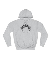 a gray hoodie with a black logo on it