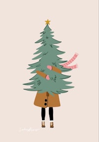 an illustration of a girl holding a christmas tree