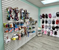 a store with a variety of dog accessories on the wall