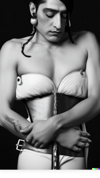 a black and white photo of a woman in a corset