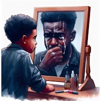an illustration of a boy crying in front of a mirror