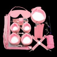 a pink bondage set with various accessories