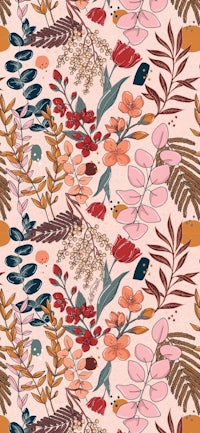 a pink floral pattern with leaves and flowers