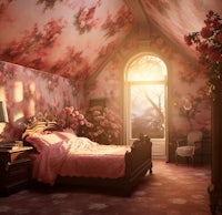 a bedroom with pink flowers on the walls