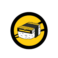 a yellow and black sushi logo on a black background