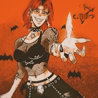 a girl with red hair holding a bat in her hand