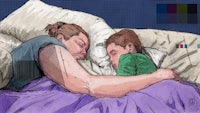 an illustration of a woman and a child sleeping in bed