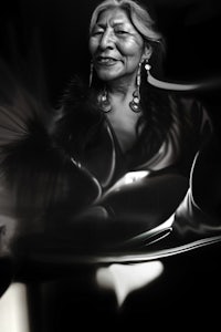 a black and white image of a woman with feathers