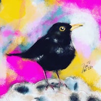 a painting of a black bird on a colorful background