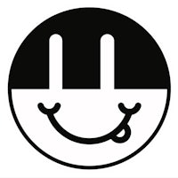 a black and white logo with a smiley face