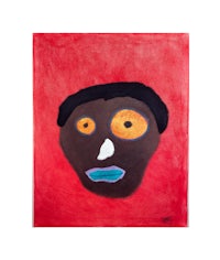 a painting of a black face on a red background