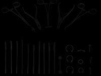 a set of surgical instruments on a black background