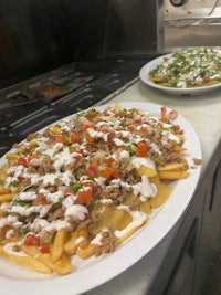 a plate of french fries with toppings on it