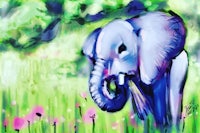 a painting of an elephant in a field of flowers