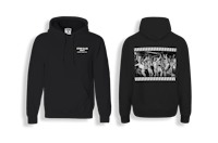 a black hoodie with an image of a group of people