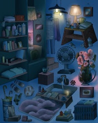 a drawing of a room filled with various items