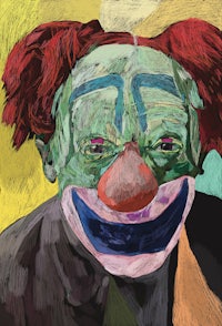 a painting of a clown with colorful hair
