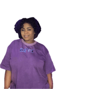 a woman wearing a purple t - shirt