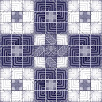 a blue and white quilt with squares and squares