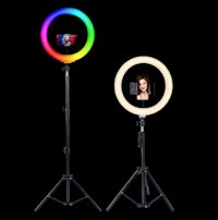 a ring light and a tripod with a photo on it