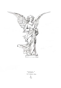 a black and white drawing of an angel with wings