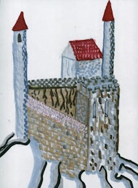 a drawing of a castle with a red roof