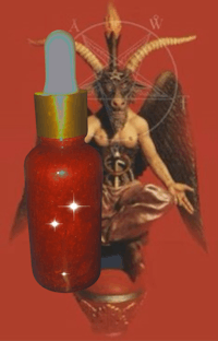 a bottle of red liquid with a demon on it