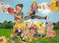a painting of a group of people playing with guns and flowers