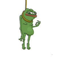 a green frog hanging from a rope