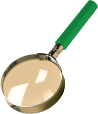 a magnifying glass with a green handle