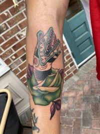 a tattoo of a snake on a person's forearm