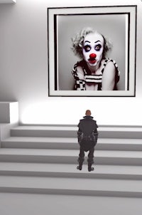 a man is standing in front of a framed picture of a clown