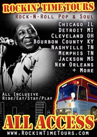 a poster for a rock and roll tour with an image of a bus