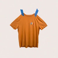 an orange t - shirt with blue tape on it