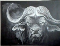 a black and white painting of a buffalo with horns