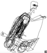 a drawing of a man riding a scooter